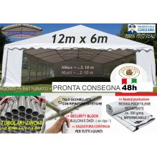GAZEBO TENDONE 12x6 M PVC TUBOLARI ZINCATI CON ARCHITRAVE - CON LATERALI  - BIANCO 